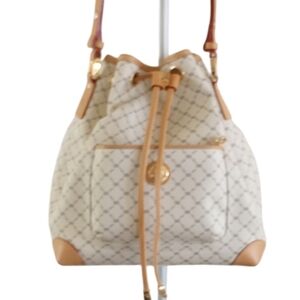 Rioni Ivory and Expressio Brown Monogram Print Alissa Shoulder Drawstring Purse